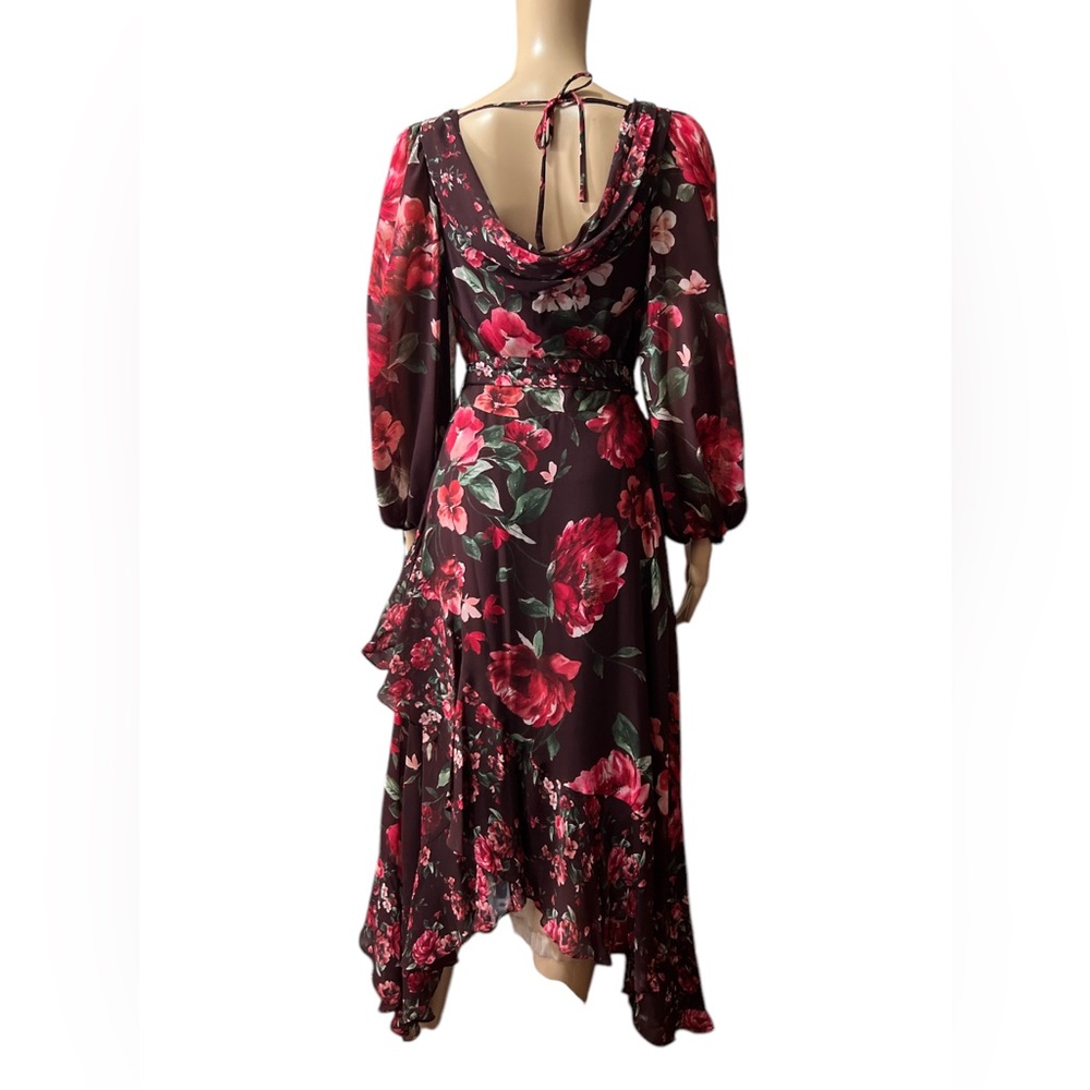 NWT Alex Marie Size 2 Chiffon Floral Midi Dress Cowl Neck Long Sleeves Ruffles - Picture 5 of 13